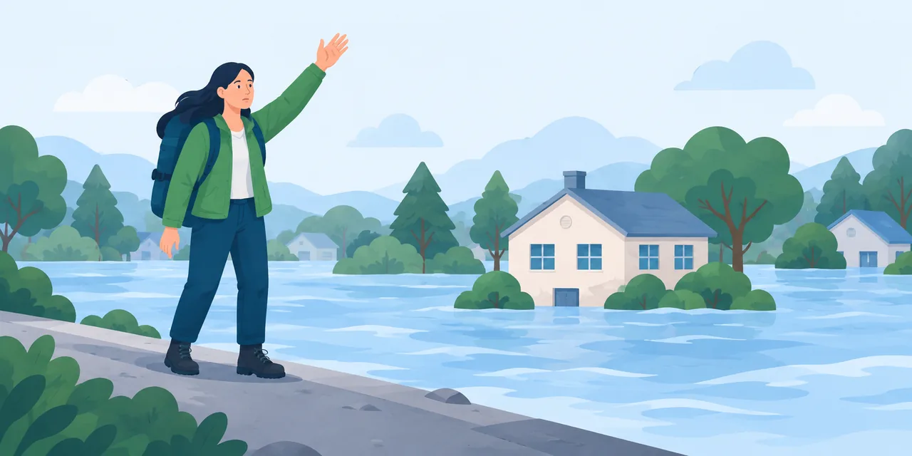 Illustration of a person signalling for help from higher ground near flooded homes