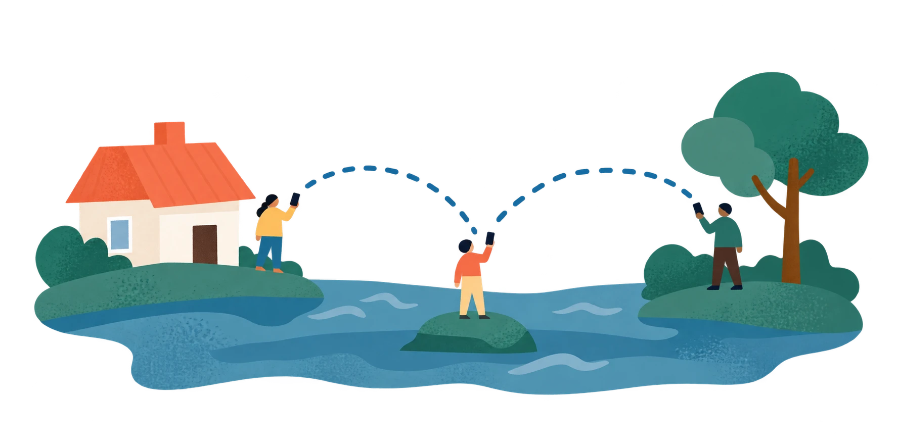 Illustration of three people connecting their phones across nearby places